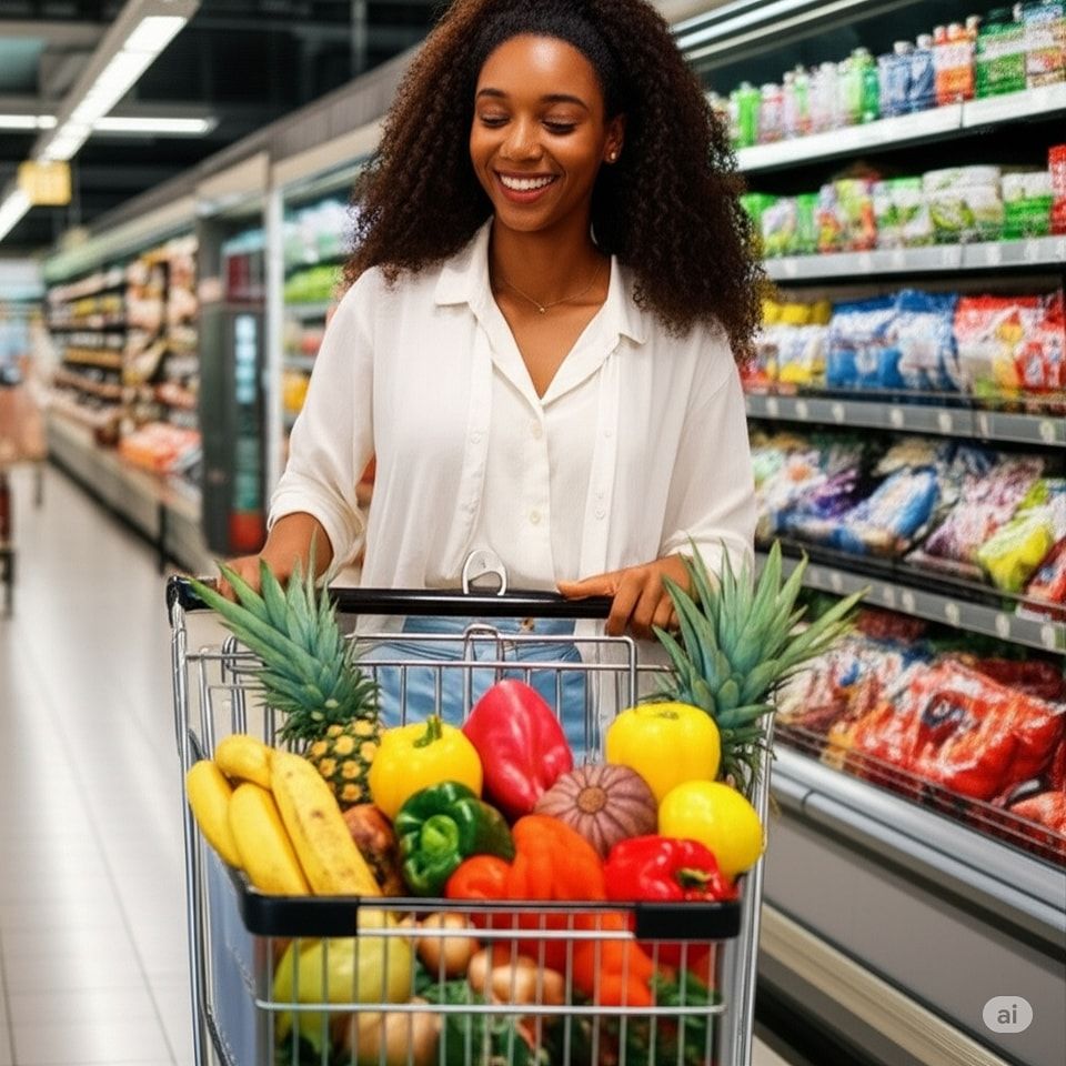 Shopper smiling while pushing a trolley of fresh groceries